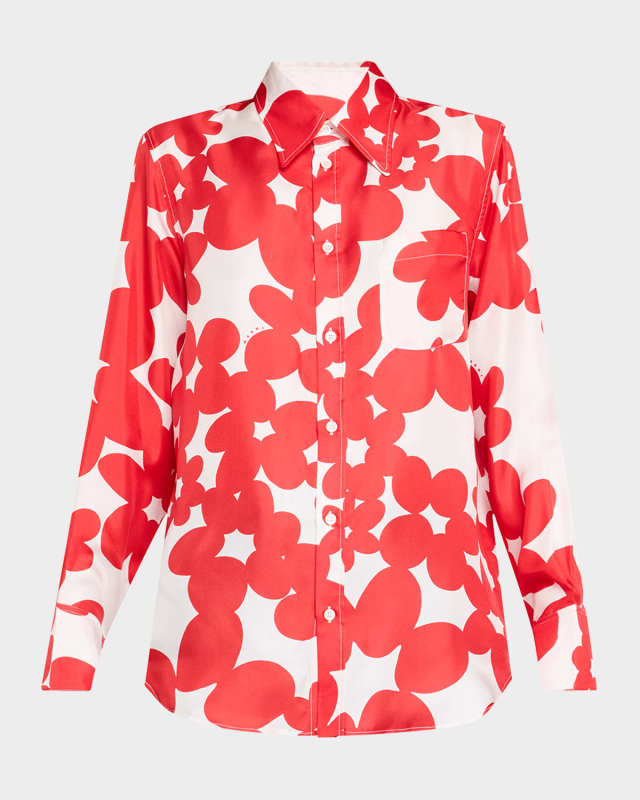 Flower Print Classic Button Down Silk Top